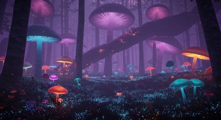 A surreal forest scene with glowing, colorful mushrooms of varying sizes scattered among trees, creating a magical atmosphere.