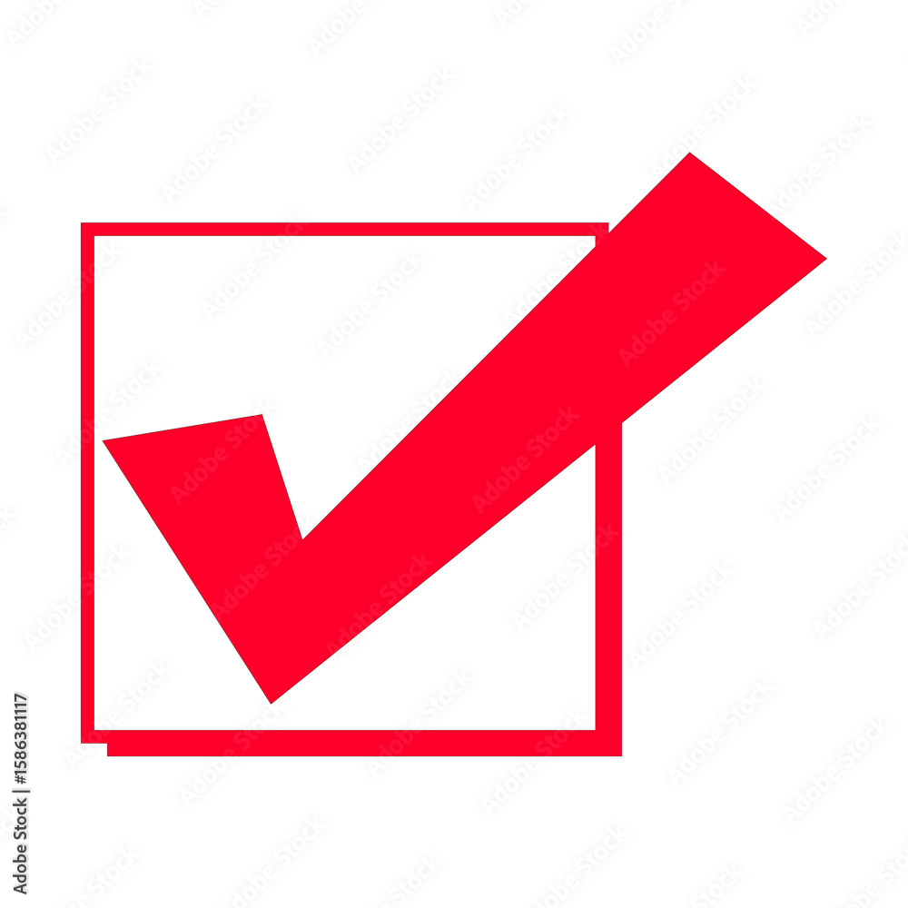 Poster a crimson check mark icon inside a square box on a transparent backdrop symbolizing approval, confir