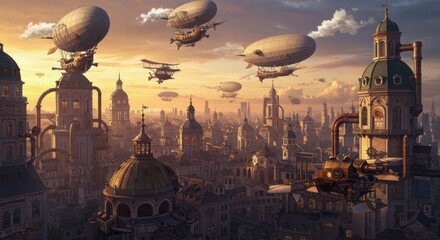 Steampunk cityscape with airships at sunset, showcasing intricate architecture and flying machines.