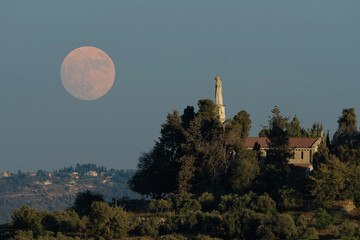 Our Lady of the Ark of the Covenant Church in Abu Ghosh during a full moon rising
