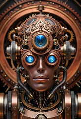 Fototapeta premium Steampunk Robot Portrait with Mechanical Details and Glowing Eyes