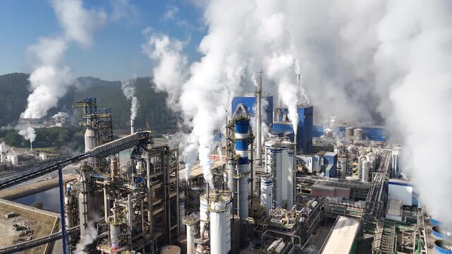 Drone image showing smoke emissions from chimneys of a pulp and paper mill, highlighting environmental pollution