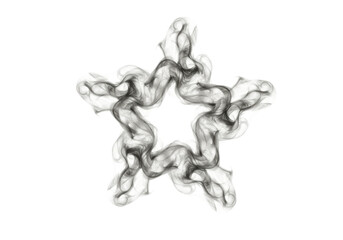 Wispy, translucent grey smoke dynamically swirling in abstract star-like/circular formation with ethereal textures and clear contours, isolated on transparent background with copy space, abstract