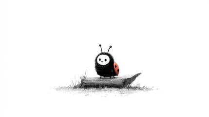   Drawing of ladybug atop wooden plank with ladybug nearby