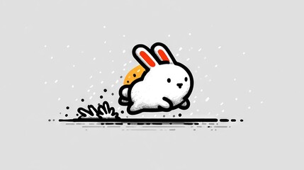   A white rabbit jumps over a watery puddle with pizza in its mouth, as seen in this illustration