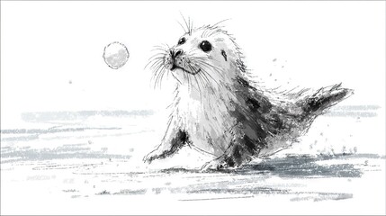   Black and white illustration of a sea lion frolicking with a ball on the shoreline as the ocean looms in the background