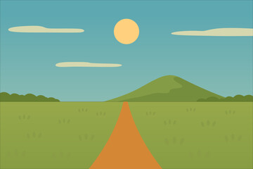 Serene Landscape with Pathway, Sun and Rolling Hill in Background