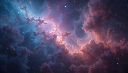 Fototapeta premium Ethereal cosmic cloudscape with swirling nebulae in shades of blue, purple, and pink, speckled with distant stars.