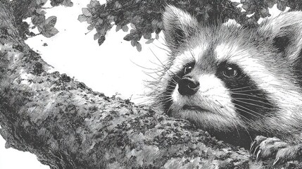  A monochrome illustration depicts a raccoon perched on a tree limb, surveying its surroundings