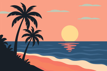 Tropical Beach Sunset with Silhouetted Palm Trees and Calm Waves