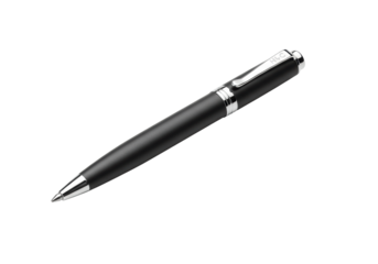 A sleek modern ballpoint pen with a matte black barrel and polished silver cap, showcasing chrome accents and a visible tip, on a transparent studio background with bright, even lighting and no