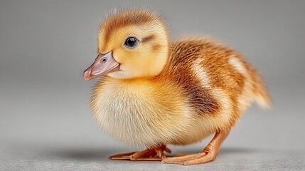   Close-up of a duckling on gray background with blurry head image