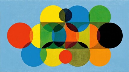   Blue background with black, yellow, red, green circles