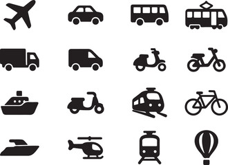 Vector art of various modes of transportation are displayed as black icons isolated on white background