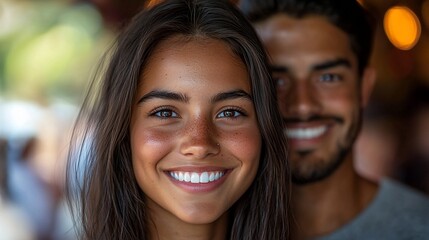 Close-up portrait of a smiling young couple.  She's in focus, he's softly blurred in the background