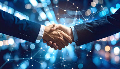 Digital Partnership: A striking visual of two professionals sealing a deal with a firm handshake. Set against a backdrop of interconnected digital nodes.