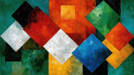   A painting of colorful squares and rectangles on a green background