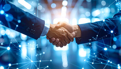 Digital Partnership: Two business professionals clasp hands, sealing a deal with a digital overlay of interconnected nodes and shimmering lights, signifying technological collaboration and unity.