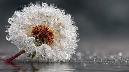   A close-up of a dandelion floating on water with droplets