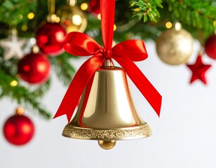 Christmas gold bell with red ribbon