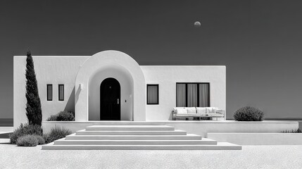  Black & white house photo with steps and moon in sky