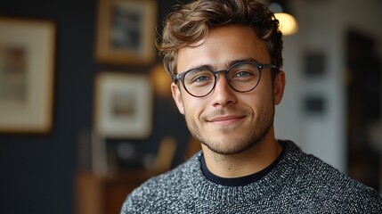 Fototapeta premium Close-up portrait of a smiling young man with glasses, wearing a sweater. Soft focus background