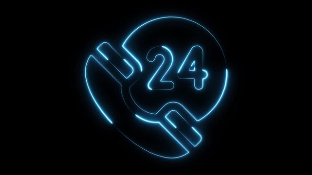 Neon blue 24 hour service icon glowing on black background representing constant availability customer support