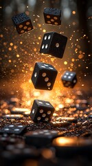 Black dice in mid-air, surrounded by sparks and bokeh lights