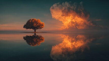 Solitary tree reflects in serene water, beneath massive, glowing sunset clouds