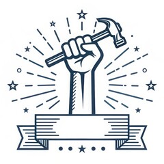 Fist holding hammer with stars and banner symbolizing labor and strength
