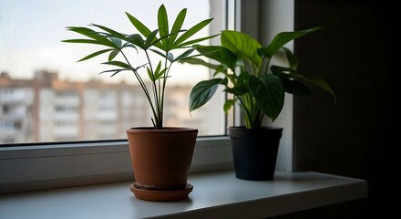 Obraz premium Potted Houseplants on Windowsill with Natural Light
