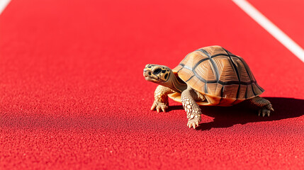 Dynamic tortoise sprinting along crisp red track lanes