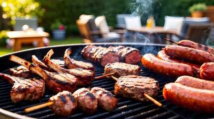 Barbecue grill with mixed meat in garden setting