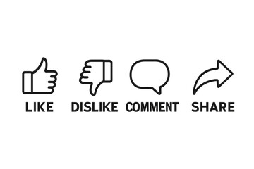 Social media icons set with like, dislike, comment, share text. User interface elements for web design, app engagement, and online feedback. Vector line art symbols.