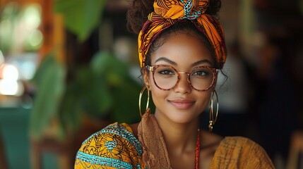 Close-up portrait of a smiling young woman with dark skin, wearing glasses and a colorful head wrap
