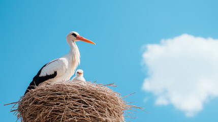 Majestic stork and chick nestled in a high-pole nest © vannet