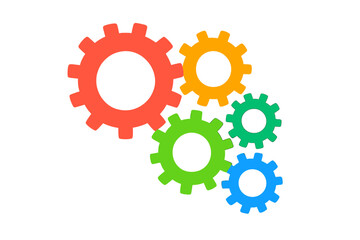 Colorful gears infographic vector icon. Teamwork and collaboration concept. Business process, strategy, and progress. Mechanical engine cogwheel machine mechanism.