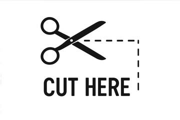 Cut here sign with scissors and dashed line. Vector icon for coupon border, product packaging, or ticket. Cutting guide symbol with trim line for documents or crafts.