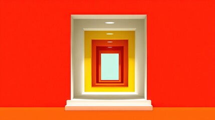   Red-walled room with central yellow and white window