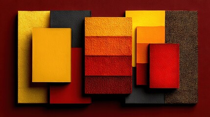   A close-up of colorful artwork against a red backdrop features red, orange, yellow, and black squares