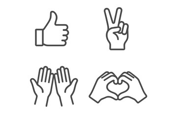 Hand gestures line icon set. Vector pictograms of thumbs up, peace sign, high five, and heart shape. Thin linear illustration for communication, social media, and positive signals.