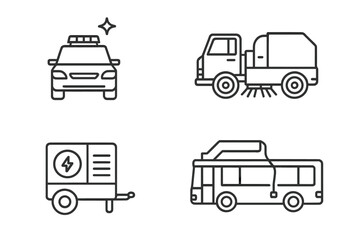 Airport ground support equipment line icon set. Vector pictograms of runway inspection vehicle, sweeper truck, mobile power generator, and passenger shuttle bus transport.
