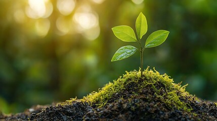 A small sprout emerges from rich soil, bathed in soft sunlight against a blurred natural background.  New life and growth are symbolized