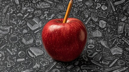 Bright red apple with pencil on chalkboard featuring education themed doodles perfect for back to school concepts.