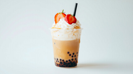 Vibrant bubble tea crowned with fresh strawberry slices and velvety cream