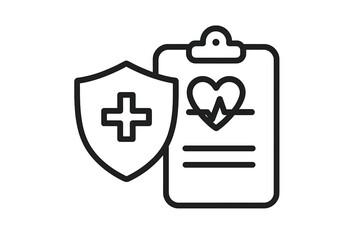 Obraz premium Health Insurance and Medical Care Icon – Vector Illustration of Shield with Medical Cross and Heartbeat on Clipboard, Healthcare Protection Symbol for App, UI, Web, Transparent Background