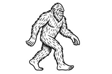 Obraz premium Bigfoot walking vector line art illustration. Sasquatch, a mythical creature from American folklore. Cryptozoology monster icon for mystery, paranormal, and wilderness themes.