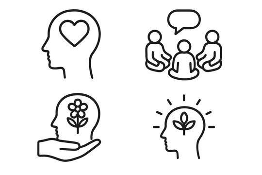 Mental health and wellness line icon set. Vector pictograms for well-being, group therapy, self-care, personal growth, support, positive thinking, meditation, psychology.