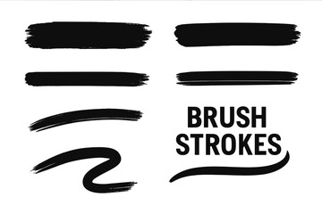 Black brush stroke vector set. Grunge paint, ink splash, and paintbrush stripes collection. Underline, highlight marker, and text swoosh design elements illustration.