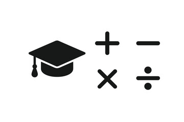 Graduation Cap and Mathematics Symbols Vector Set. Academic Education Icon Collection. Math Operations Signs: Addition, Subtraction, Multiplication, Division. Isolated Black Silhouette Illustration